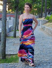 Full of Fire Strapless Vivid Multi Color Maxi Dress