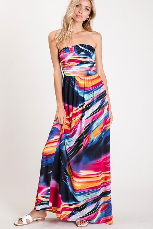 Full of Fire Strapless Vivid Multi Color Maxi Dress