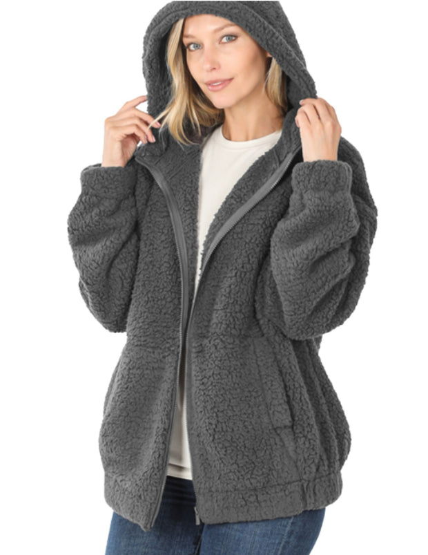 I'm So Fuzzy And Soft Hooded Zipper Faux Fur Jacket Gray