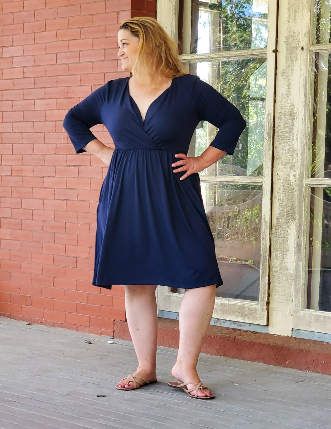 Navy faux wrap dress online