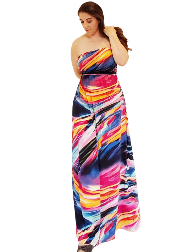 Full of Fire Strapless Vivid Multi Color Maxi Dress