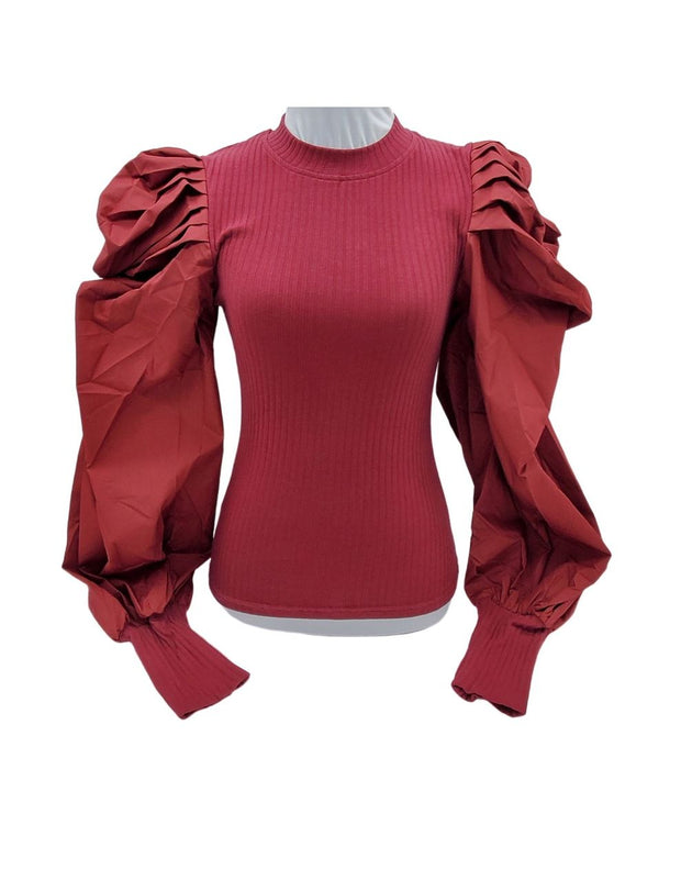Frills and Thrills Long Puff Sleeve Top Burgundy